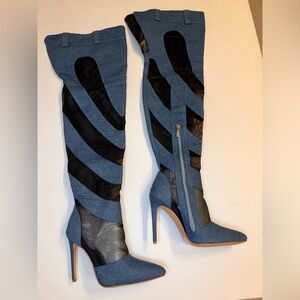 Denim & Mesh Swirl Stilletto Boots - Blue & Black Sexy Unique Heeled Booties
